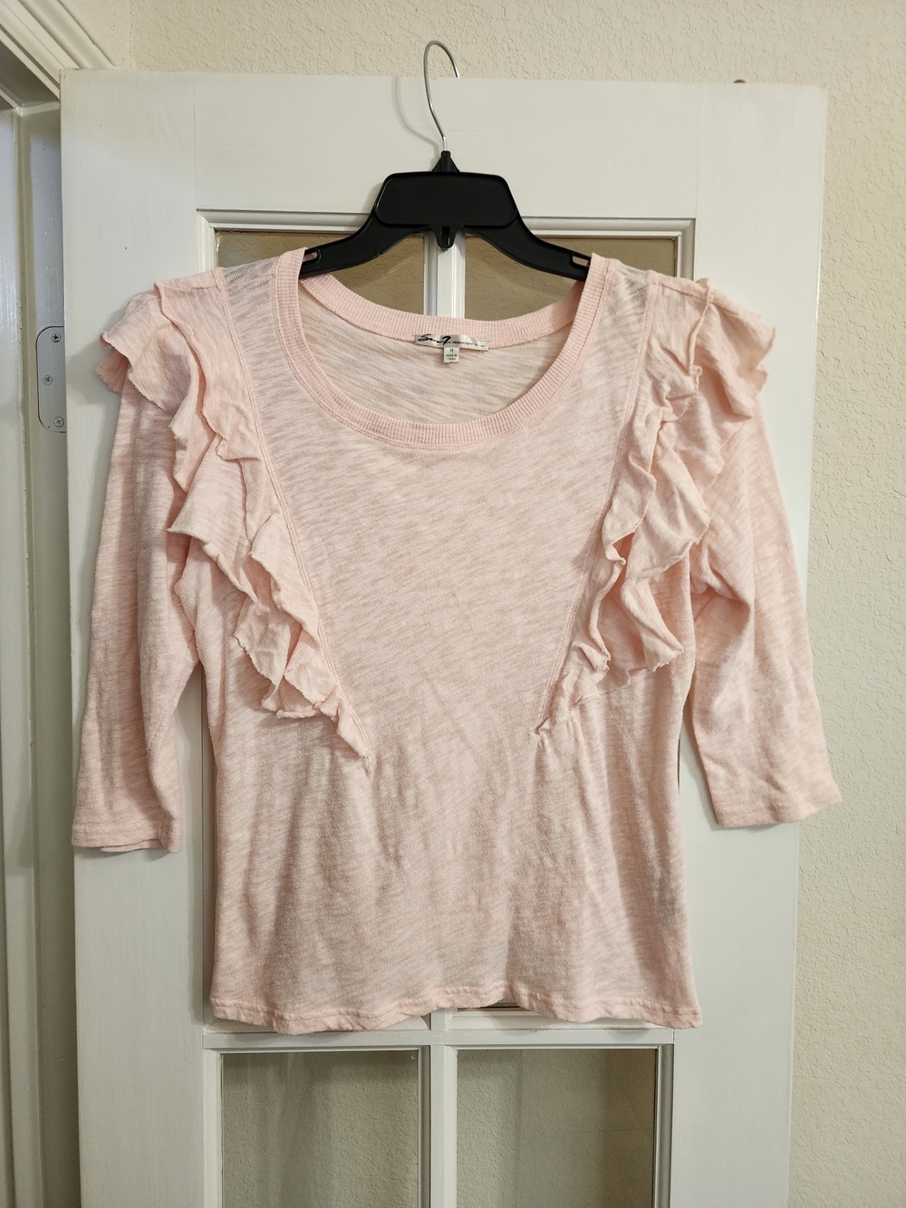Seven7 Pink Ruffle Front Top Medium Long Sleeve Slub Knit FLAW READ DESC